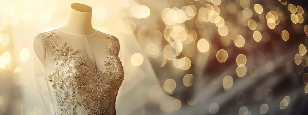 an elegant ivory evening gown with intricate embroidery displayed on a mannequin against a soft, dreamy backdrop. an Elegant Ivory Evening Gown with Intricate Embroidery Displayed on a Mannequin Against a Soft, Dreamy Backdrop. - Perfect Daze Bridal - Perfect Daze Bridal